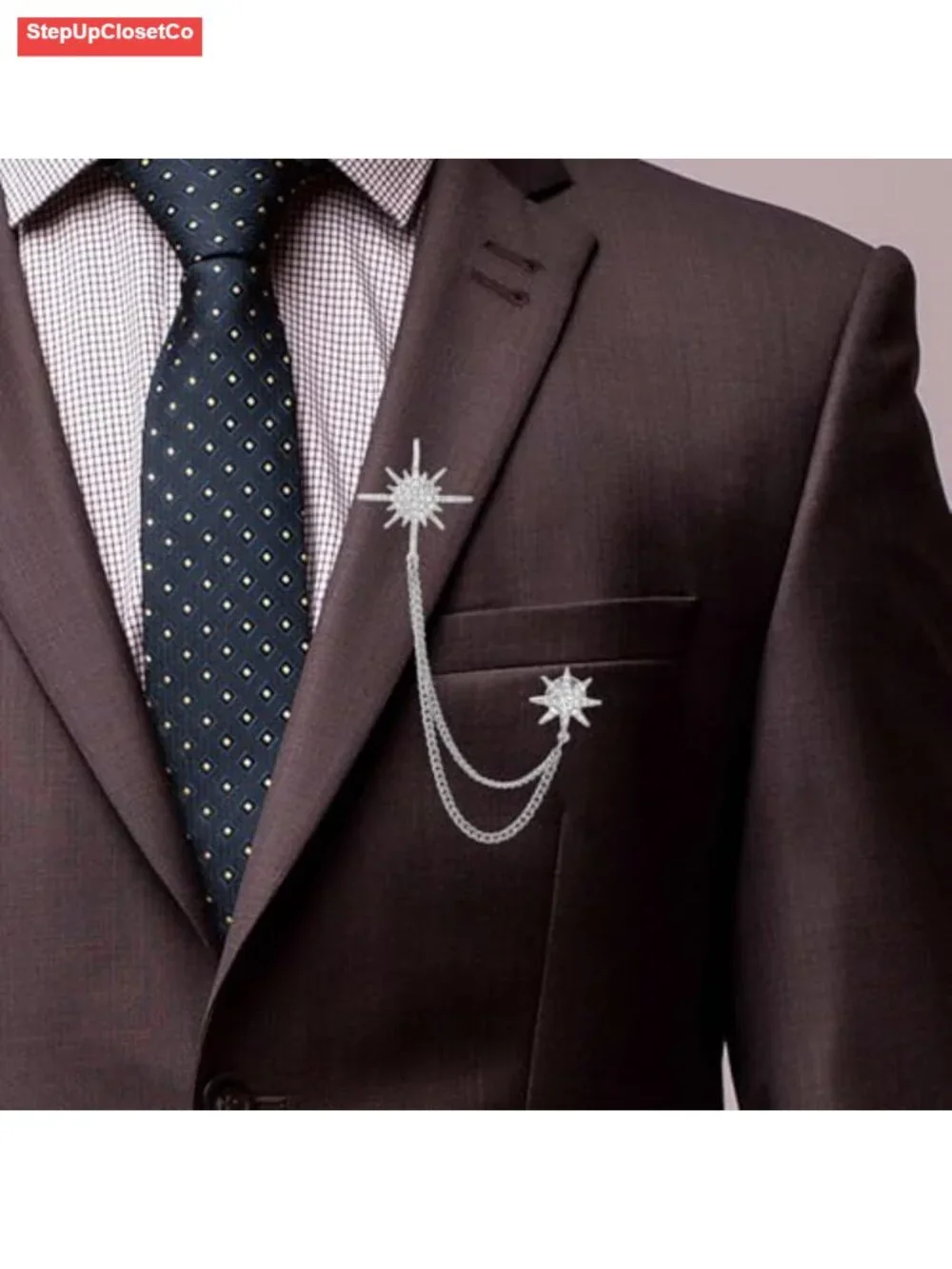 Crystal Star Brooch Pin for Women, Alloy Snap-Clasp Lapel Pin, Tassel Chain